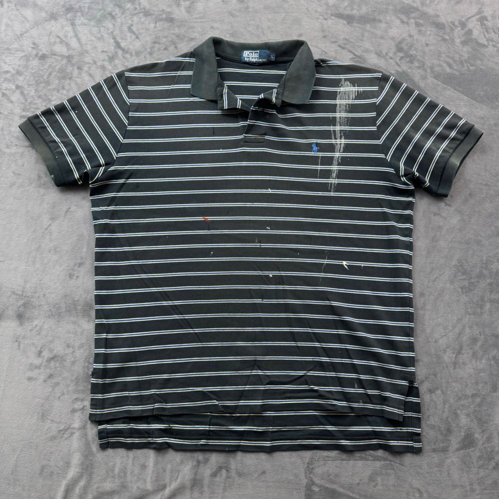 Polo Ralph Lauren Mens Large Black Striped Thrashed Paint Splatter Polo Shirt